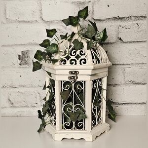 White Birdcage Decor w/ Faux Ivy Vine Cottagecore Shabby Chic Centerpiece